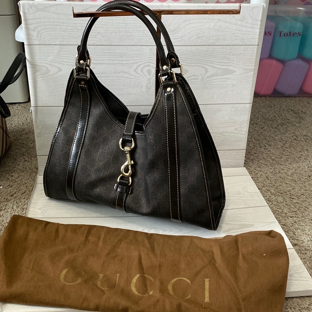 Gucci hobo brown shoulder bag silver hardware coated canvas Joy Bardot